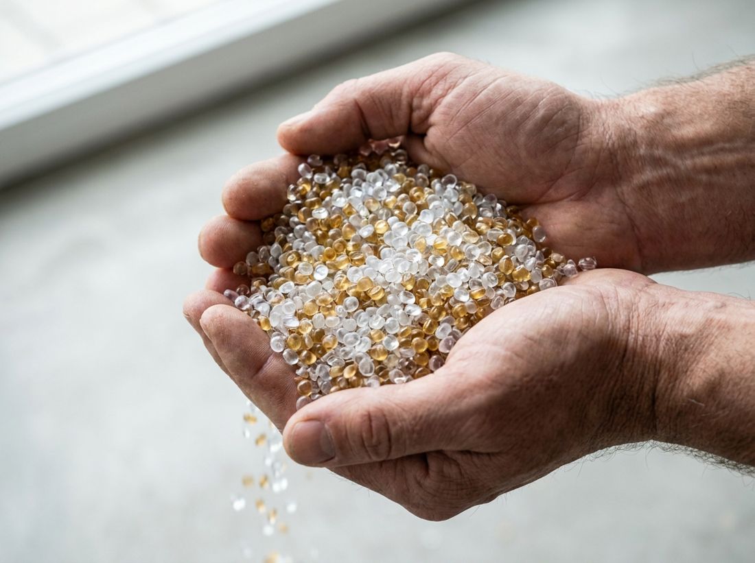 Hands holding translucent plastic resin pellets