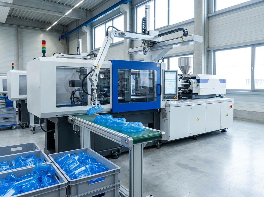 Injection molding machine producing plastic parts